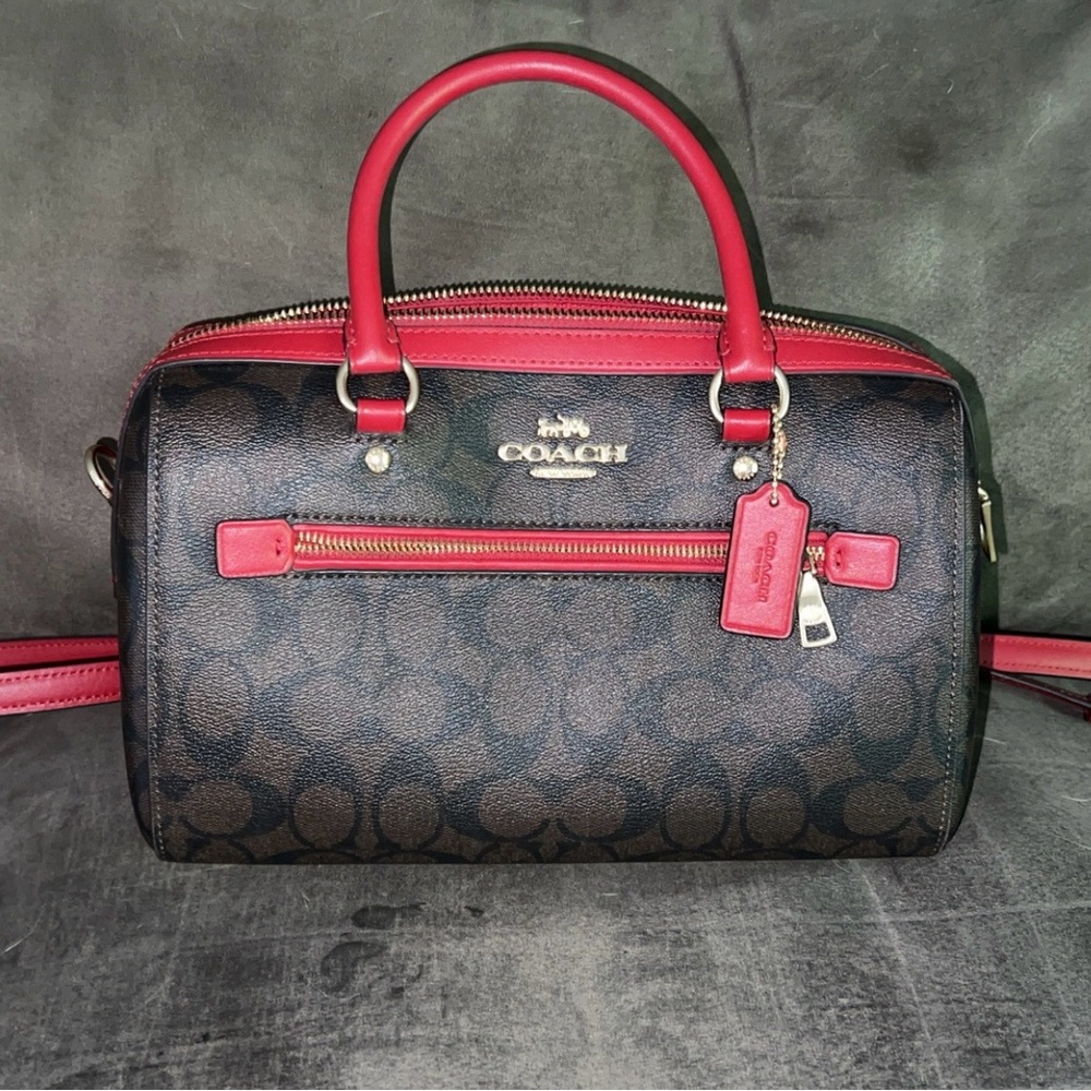 Coach Brown and Red Satchel with Signature Monogram